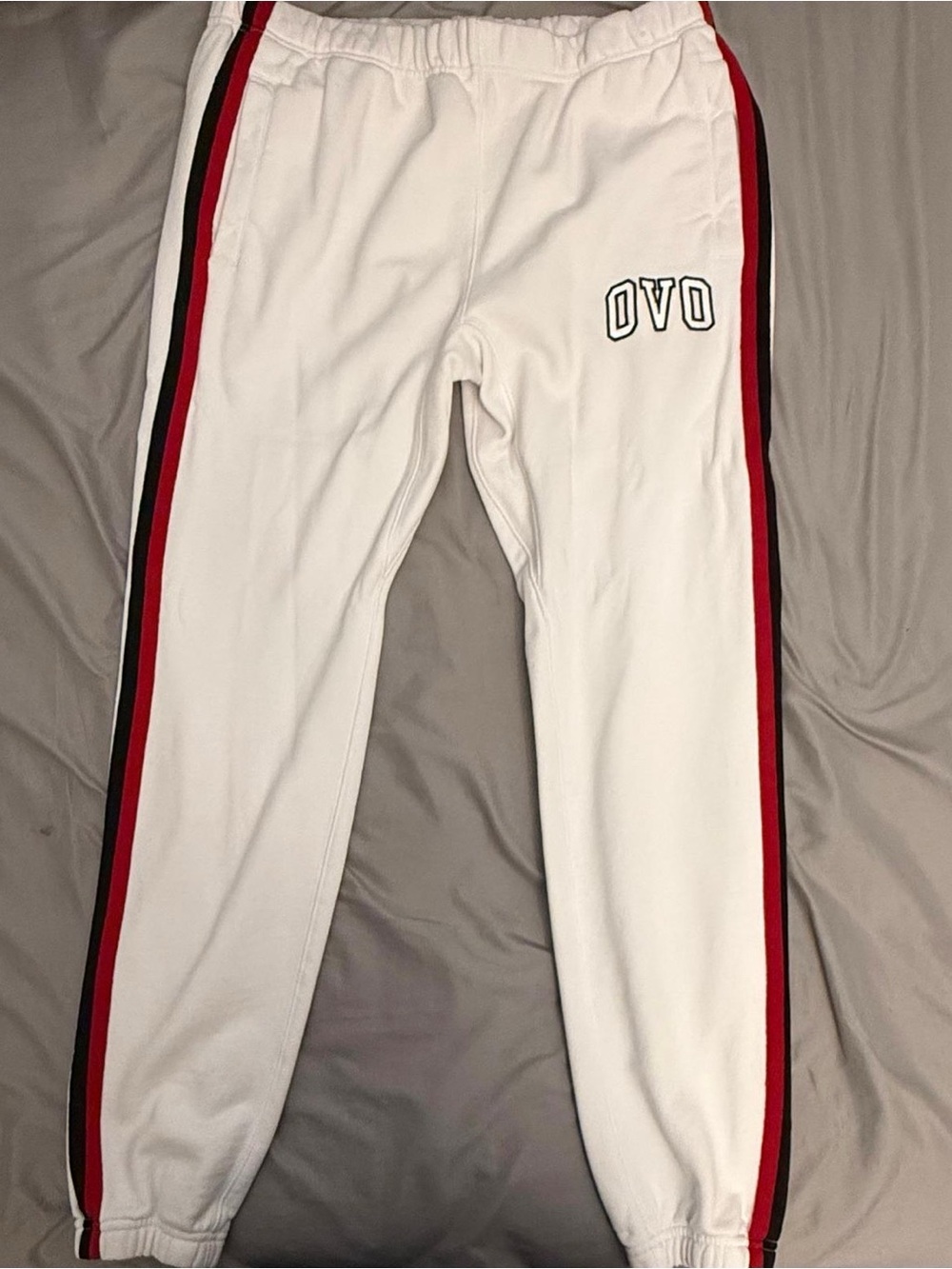 OVO White Track Pants with Red & Black Side Stripes and Embroidered Logo